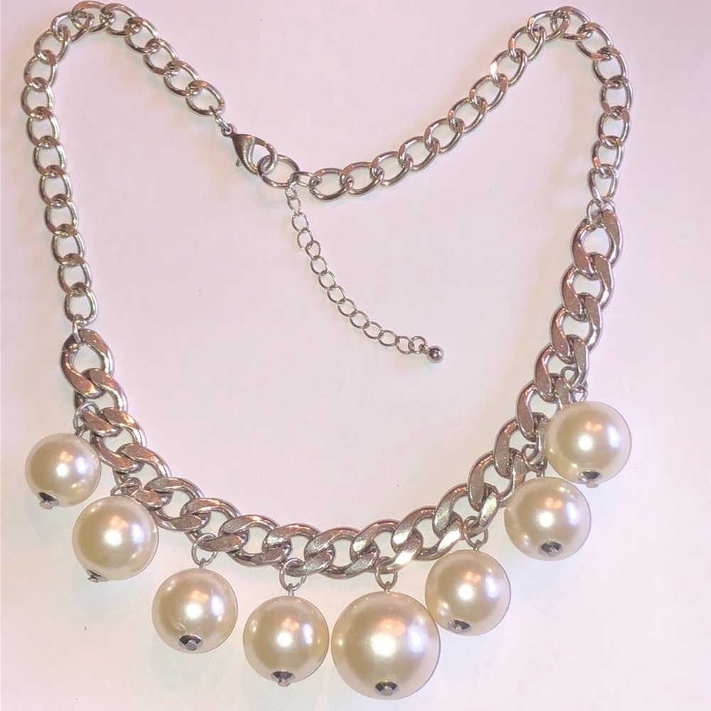 Silver Tone Faux Pearl Dangling Boho Retro Statement Necklace